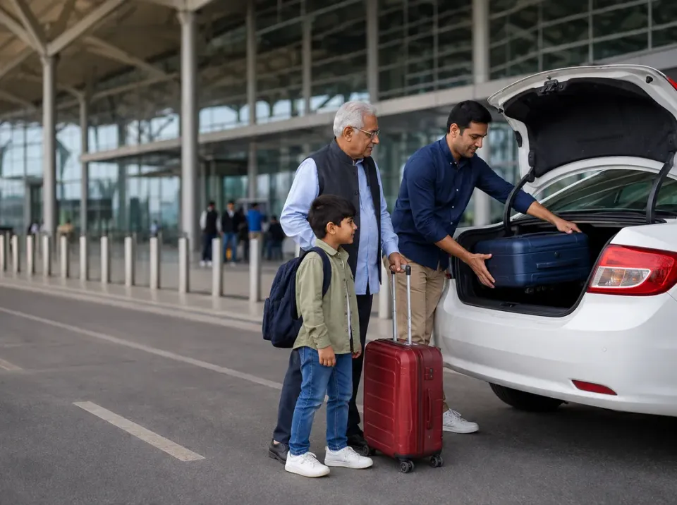 Family loading bags at an airport