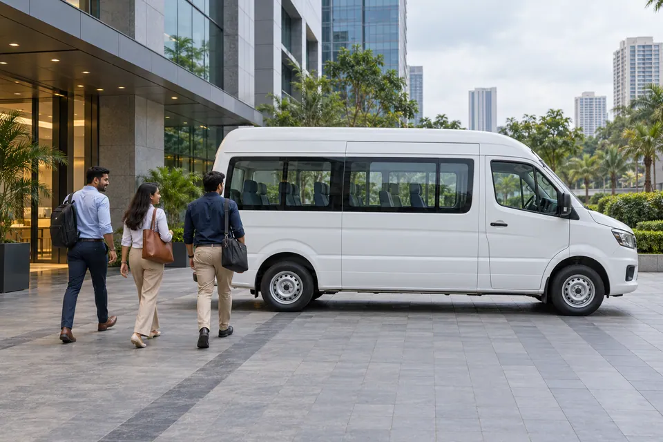 AI-generated illustration of colleagues leaving a modern office for a minibus