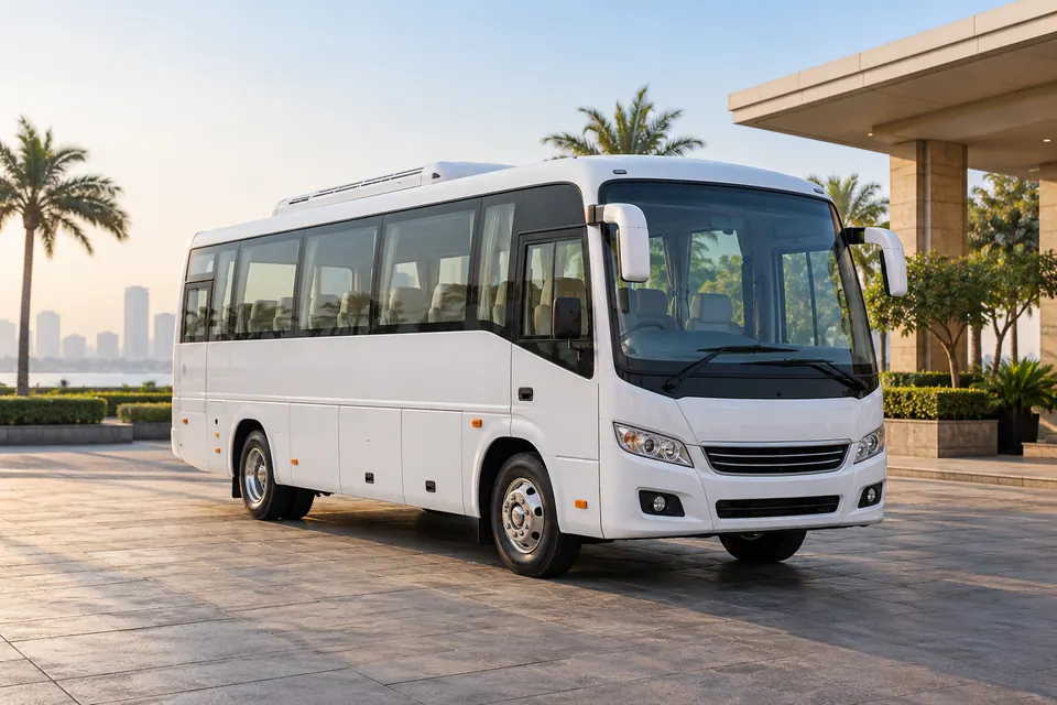 AI-generated illustration of an unbranded minibus at an event forecourt