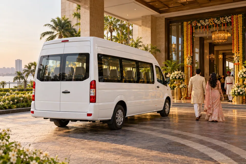 AI-generated illustration of wedding guests arriving beside a minibus