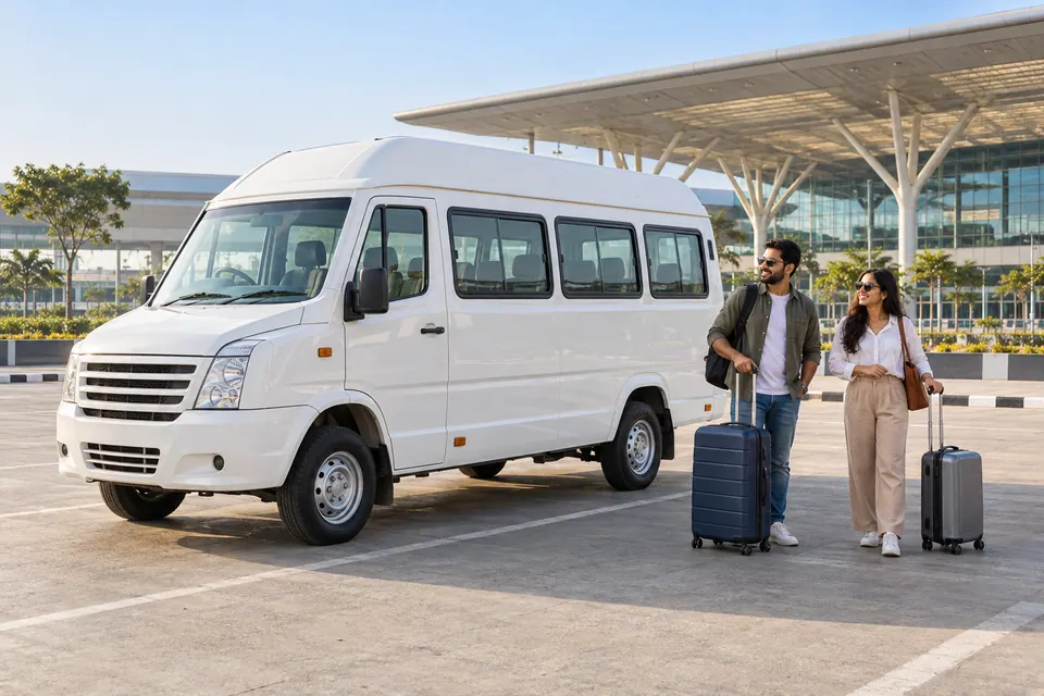 AI illustration of passengers with suitcases beside a minibus at an airport transport forecourt