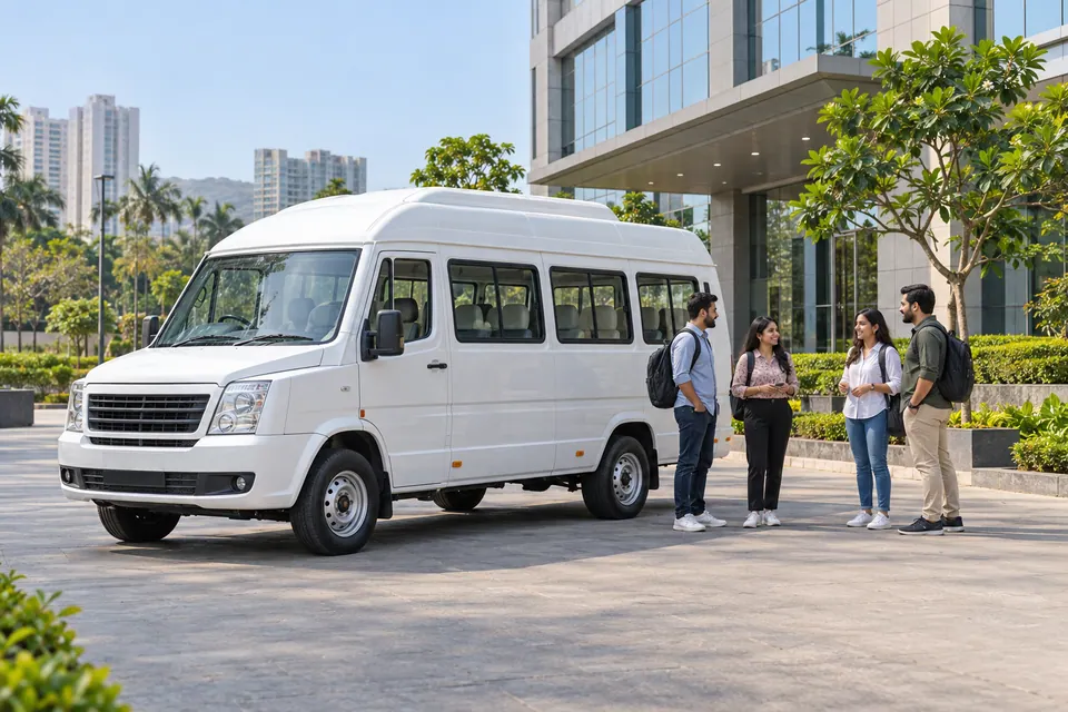 AI illustration of colleagues preparing to leave a Thane-inspired office campus by passenger minibus