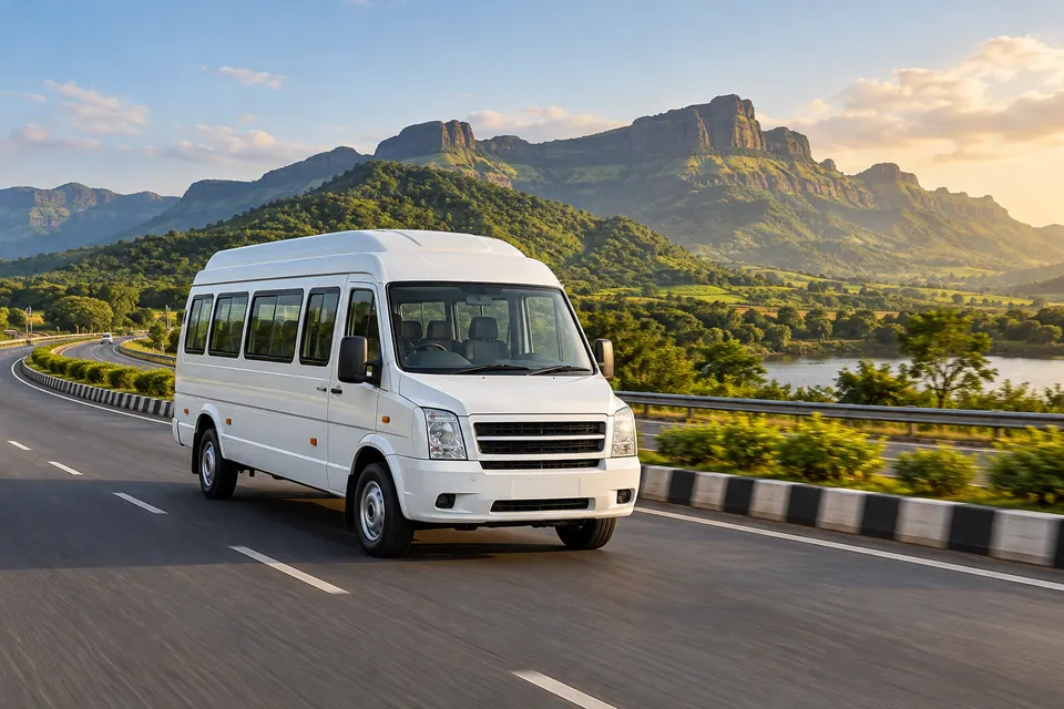 AI illustration of a white minibus on a scenic Maharashtra highway through green hills