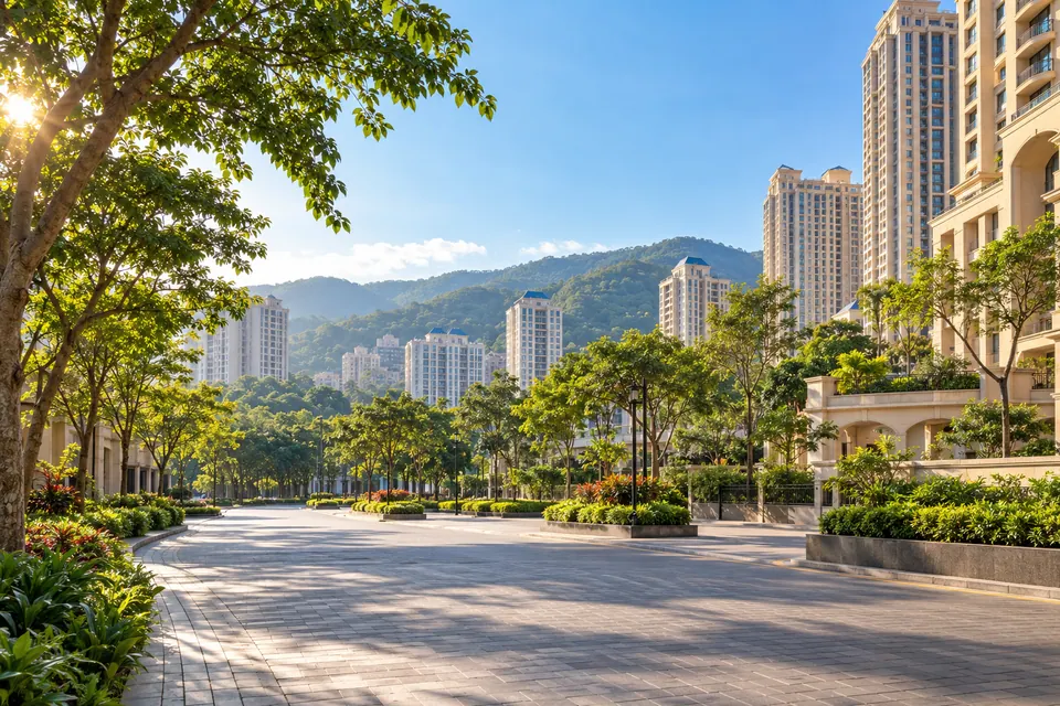 AI illustration of a leafy Thane-inspired residential avenue with high-rise buildings and green hills