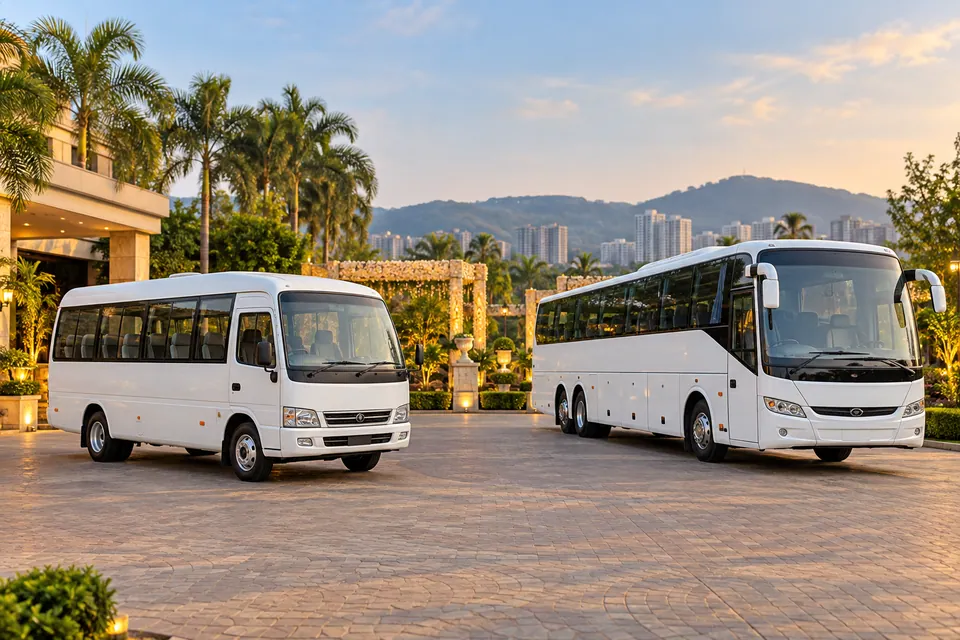 AI illustration of a white minibus and coach at a landscaped event forecourt