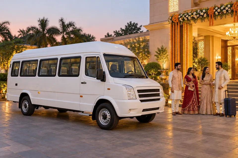 AI illustration of wedding guests near a passenger minibus outside an elegant Indian venue