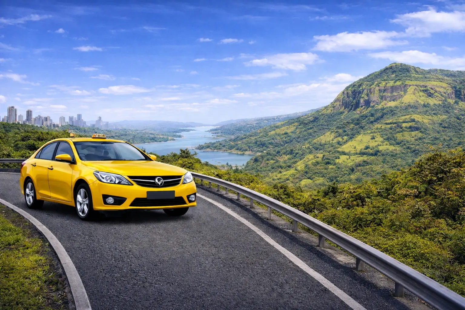 Private taxi travelling on a green hill road