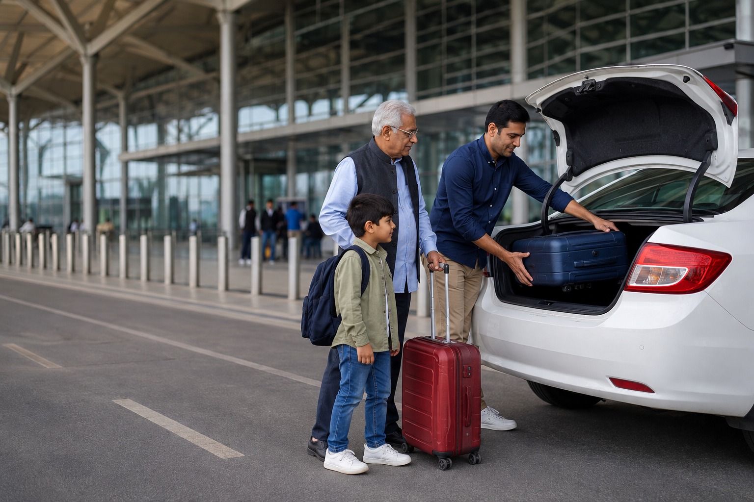 Family with child and luggage beside a private cab